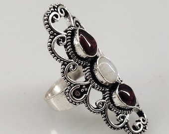 Natural, 925 Sterling Silver Garnet Gemstone & Rainbow Moonstone Ring, Meditation Ring, Spinner Ring Handmade Spinner Band Ring,