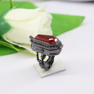 Red Glass Coffin Ring, Skeleton Coffin Ring, Snake Ring, Handmade Ring, Boho Gift for Her, black rhodium plated Ring,