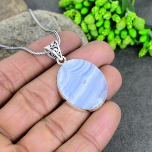 Blue Lace Agate Necklace: 925 Sterling Silver Gemstone Pendant
