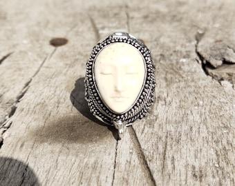 Moonstone Goddess Face Ring: 925 Sterling Silver Locket Ring