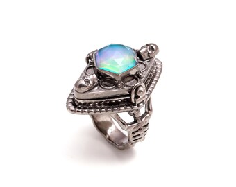 Gothic Aurora Opal Skull Ring: Handmade Sterling Silver Goth Jewelry