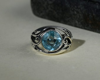 Natural London Blue Topaz Ring, 9mm Genuine Topaz,925 Sterling Silver Ring, Dainty, Promise, Anniversary Ring for Women, Mother's Day Gift