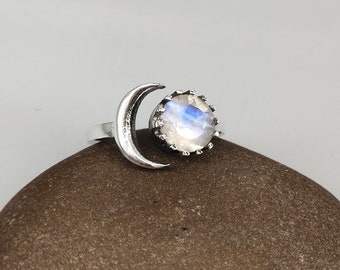 Natural Rainbow Ring- Adjustable Ring Cushion Cut Moonstone Ring, Handmade  Ring, 925 Sterling Silver Ring, statement ring,