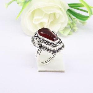 Red Glass Coffin Locket Ring: Handmade 925 Sterling Silver