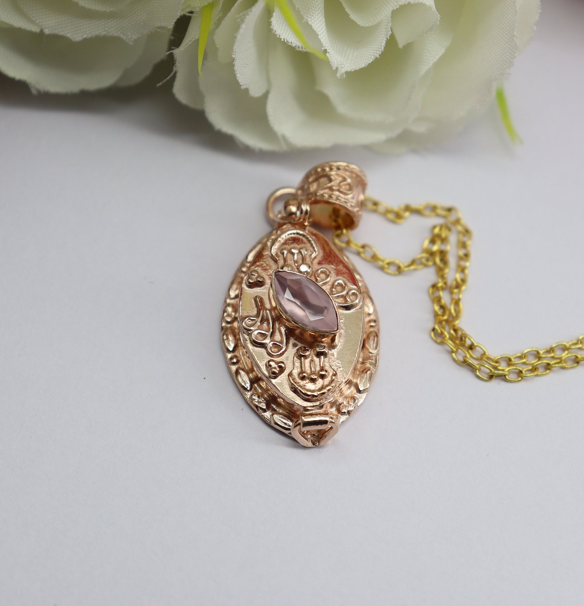 Rose Quartz Pendant, Pill Box Pendent, 925 Silver Pendant,  Rose Gold Pill Pendant Gift for Her, Pendent Necklace, Gemstone Locket, Handmade