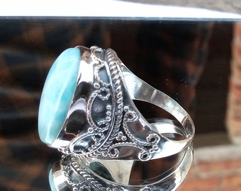 christmas giftMother Day Gift For Mom, Natural Larimar Gemstone Ring, 925 Sterling Silver Ring, Unique Handmade Boho and Hippie Style Ring,