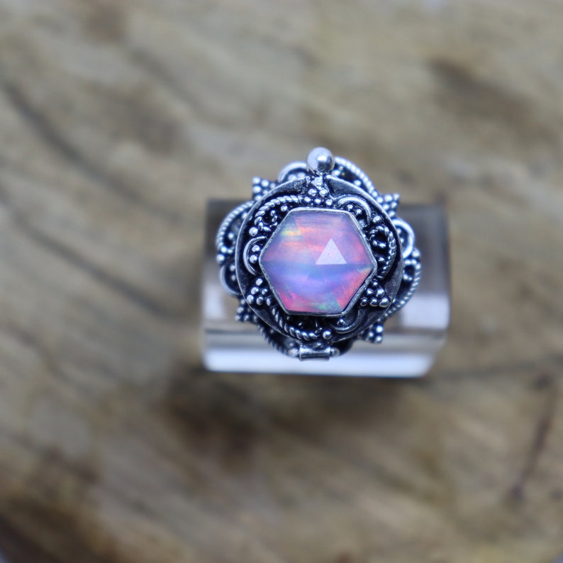 Poison Ring, 925 Sterling Silver Plated, Aurora Opal Poison Ring, Opal Box Ring, Oxidized Ring, Love Ring, Handmade Jewelry, Gift For Her image 1