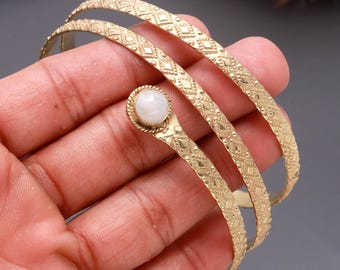 Moonstone Brass Spiral Upper Arm Bangle, Adjustable Handmade Solid Brass Armlet