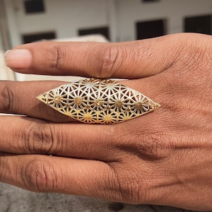 Flower of Life,925 Sterling Silver Long Ring,Chunky Statement Jewelry,Gold Plated Beautiful Ring.for Women, Wide Large Full Finger Big