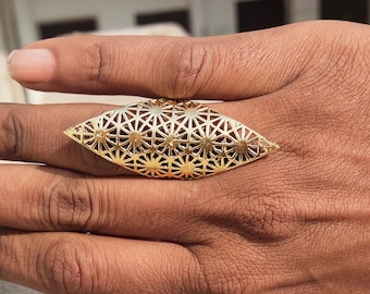 Flower of Life,925 Sterling Silver Long Ring,Chunky Statement Jewelry,Gold Plated Beautiful Ring.for Women, Wide Large Full Finger Big