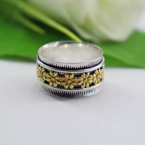 Bague toupie, bague en argent sterling 925, bague anti-anxiété, bague martelée, bague bicolore, bague tournante, bague de créateur, bijoux faits main, cadeau pour elle