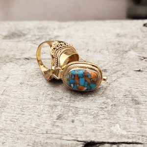 Spiny Oyster Copper Turquoise Ring, Handmade Pill Box Ring, Oyster Copper Turquoise Gemstone, 24k Gold Plated Ring. Gift for Her