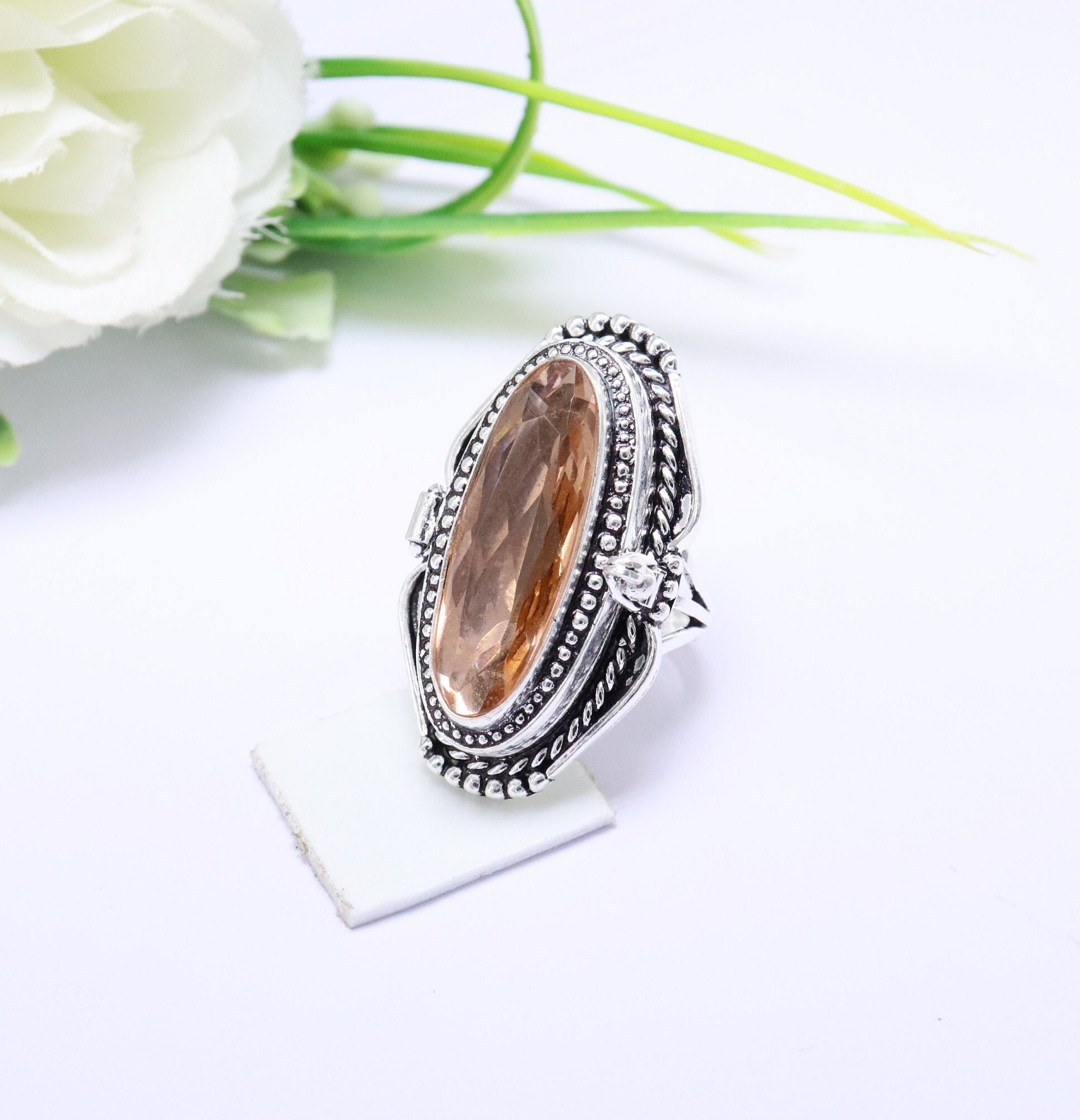 Morganite Locket Ring: Handmade 925 Sterling Silver Statement Ring, image size:1928x1999