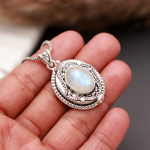 Rainbow Moonstone Teardrop Pendant: Sterling Silver Boho Necklace
