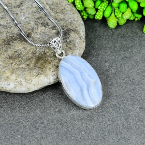 Blue Lace Agate Necklace: 925 Sterling Silver Gemstone Pendant