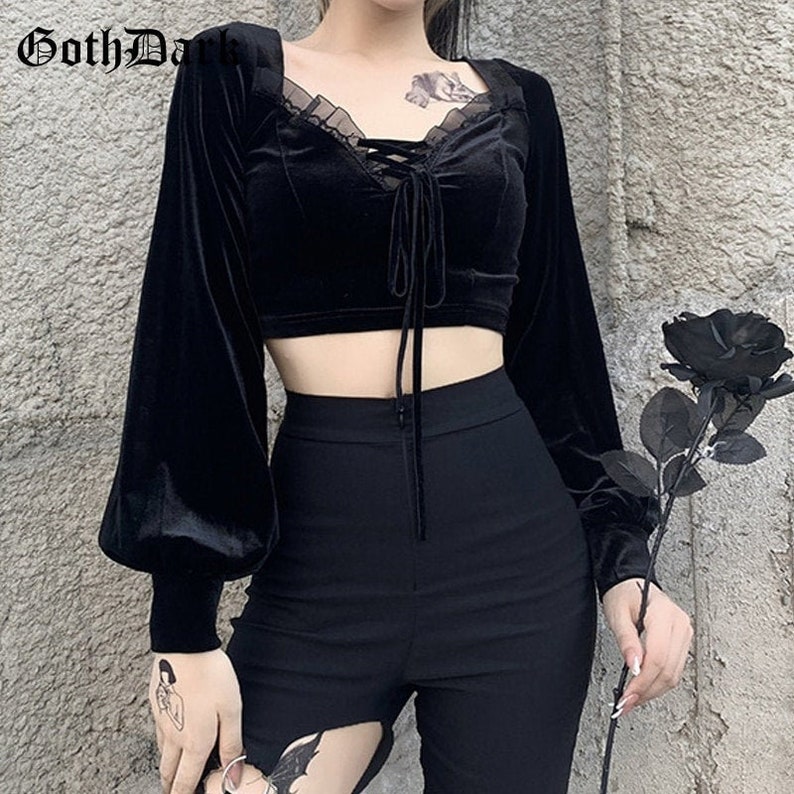 Romantic Gothic Velvet Women Crop T-Shirt Black Bandage Lace | Etsy