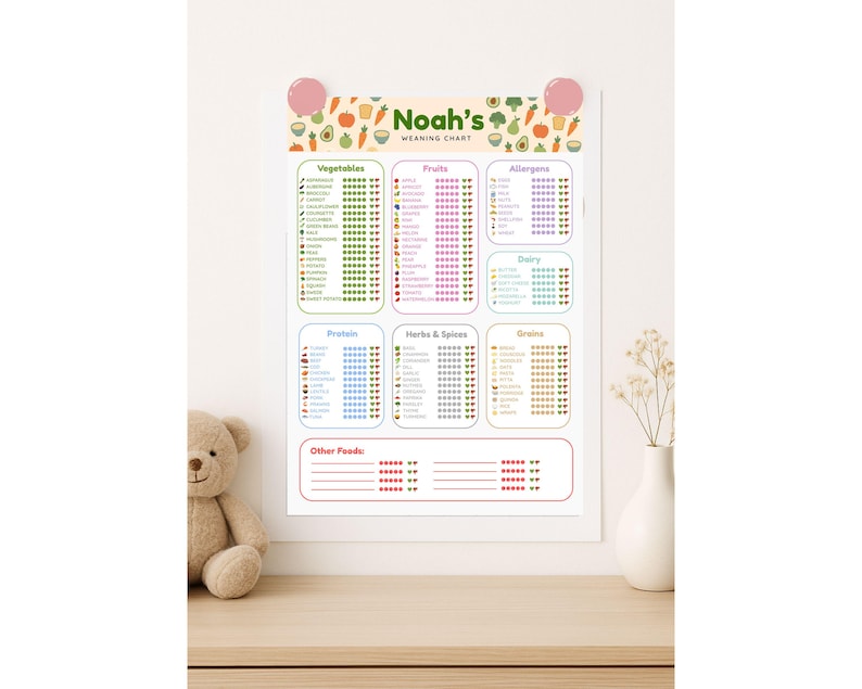 May include: A framed "Noah's Weaning Chart" with colorful illustrations of fruits and vegetables. The chart is divided into sections for vegetables, fruits, allergens, dairy, protein, herbs & spices, grains, and other foods. A teddy bear and vase are in the foreground.