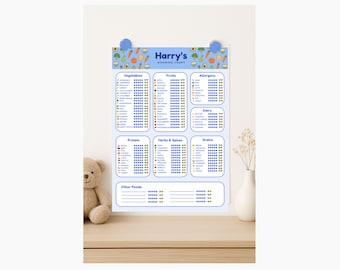 Blue Personalised Baby Weaning Chart: First Foods Tracker (Digital Download PDF A4/A3)