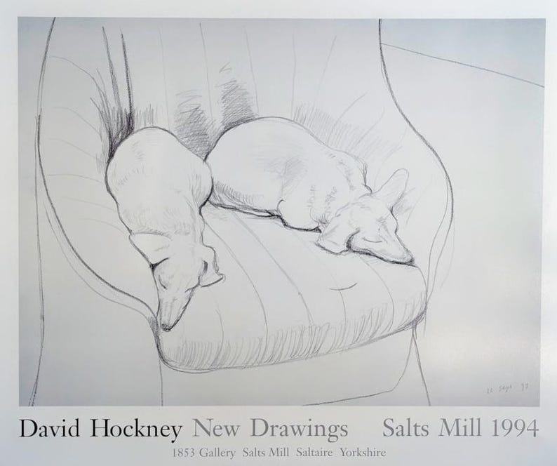 May include: A black and white pencil drawing of two dogs sleeping on a striped couch. The drawing is titled "David Hockney New Drawings Salts Mill 1994".