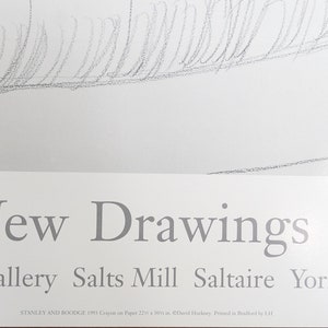May include: A black and white poster advertising a new drawings exhibition at the Salts Mill Gallery in Saltaire, Yorkshire. The poster features the text "New Drawings" and "3 Gallery Salts Mill Saltaire Yorkshire".