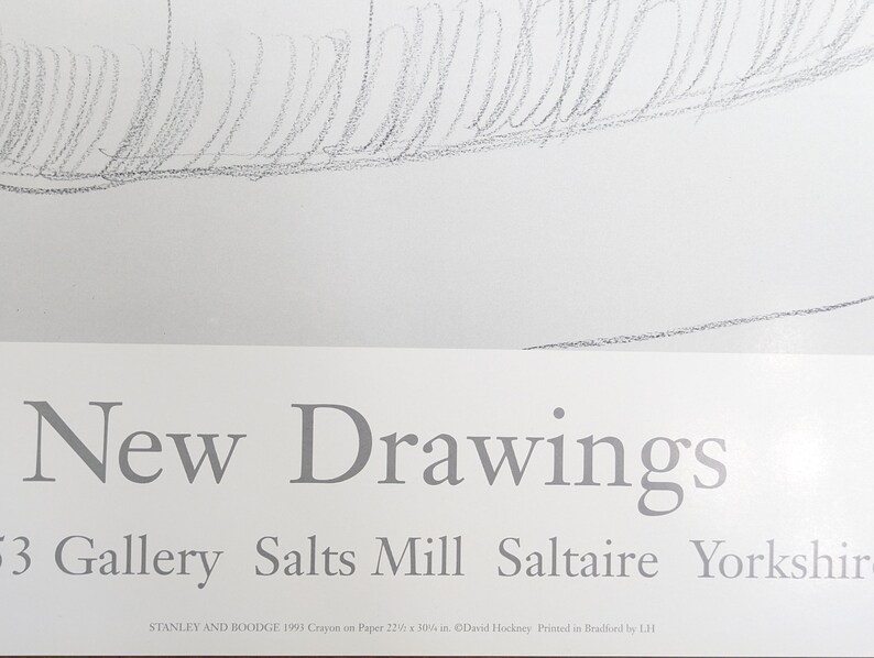 May include: A black and white poster advertising a new drawings exhibition at the Salts Mill Gallery in Saltaire, Yorkshire. The poster features the text "New Drawings" and "3 Gallery Salts Mill Saltaire Yorkshire".