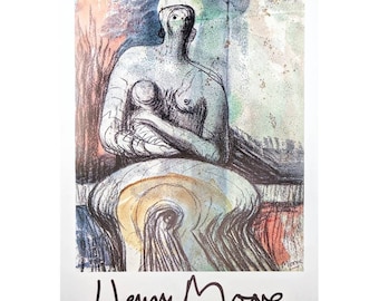 Cartel de la exposición de Henry Moore: Madre e hijo sentados, 1982