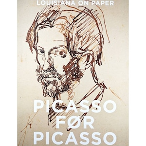 Może przedstawiać: Czarno-biały rysunek mężczyzny z tekstem "Louisiana on Paper" u góry i "Picasso for Picasso" na dole.