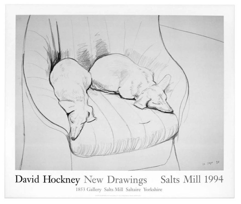 May include: Black and white line drawing of two dogs sleeping in a striped armchair. The drawing is titled "David Hockney New Drawings Salts Mill 1994".