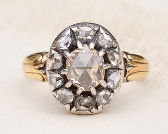 Antieke Rose Cut Diamond Cluster Ring 18K Gouden Georgische Victoriaanse verlovingsring