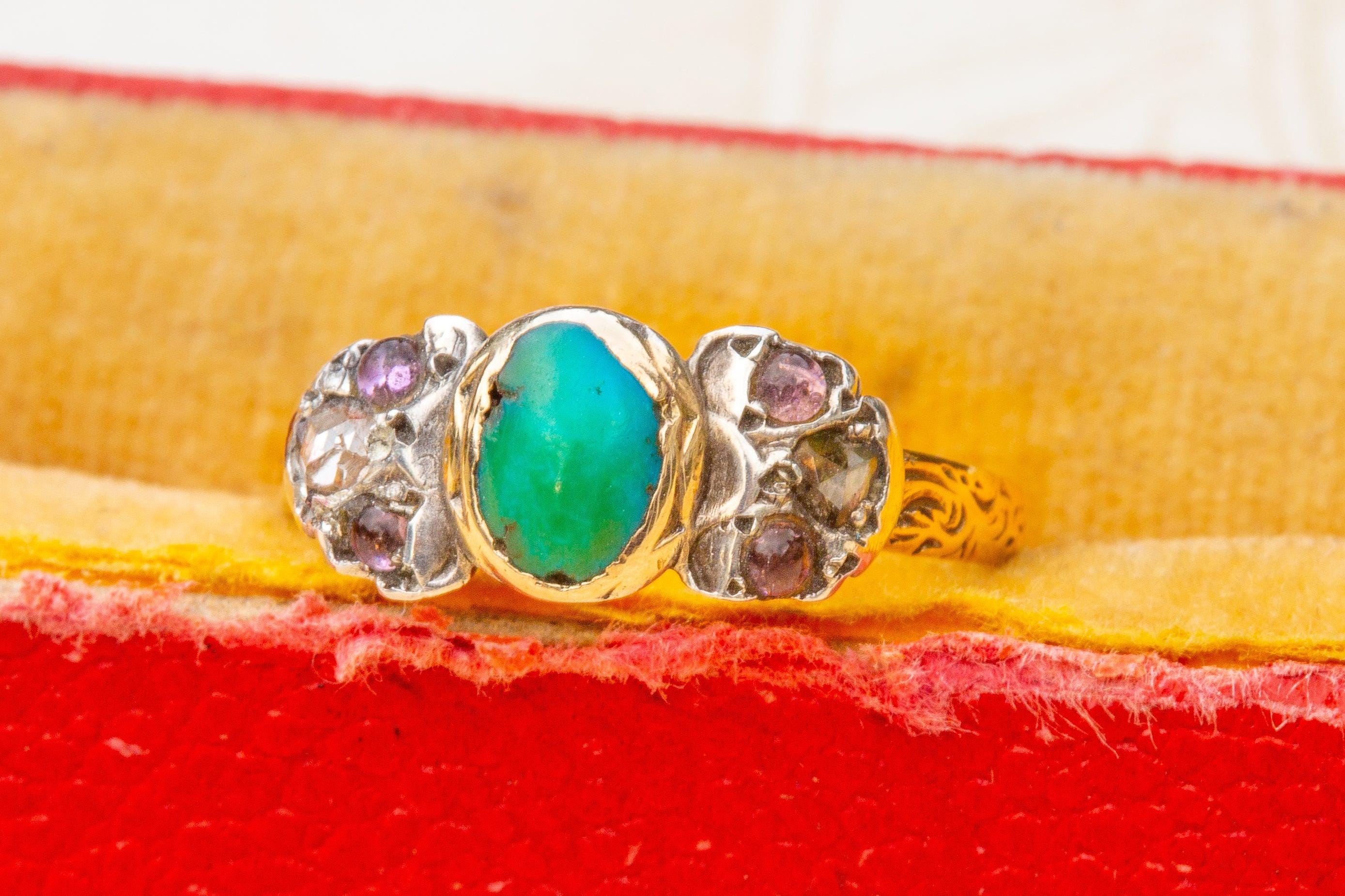 Antique Gold Cluster Ring Italian Baroque Period Turquoise Bow 