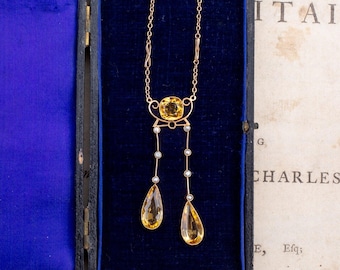 Antique Gold Victorian Citrine Necklace Drop Pendants Yellow Orange Golden