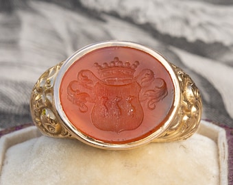 Important Antique Finnish 18K Gold Coat of Arms Heraldic Klinckowström Family Swedish Intaglio Ring Victorian Georgian Repousse Seal Ring