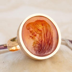 Antique Gold Signet Ring Engraved Victorian Orange Agate Intaglio Ring