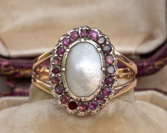 Beautiful Antique Georgian Period Gold Cluster Ring 19th Century Blister Pearl Ruby Garnet Ring
