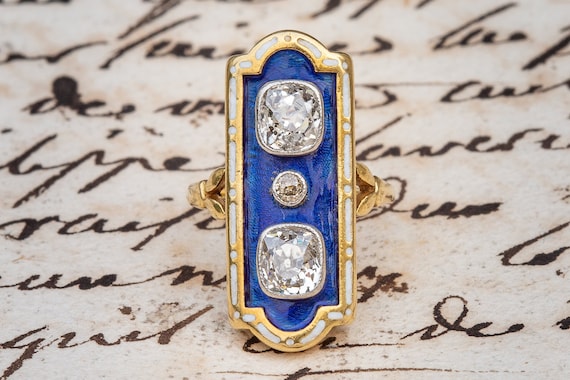 Lady's Antique 18K Edwardian Blue Enamel & Diamond Ring - Ruby Lane