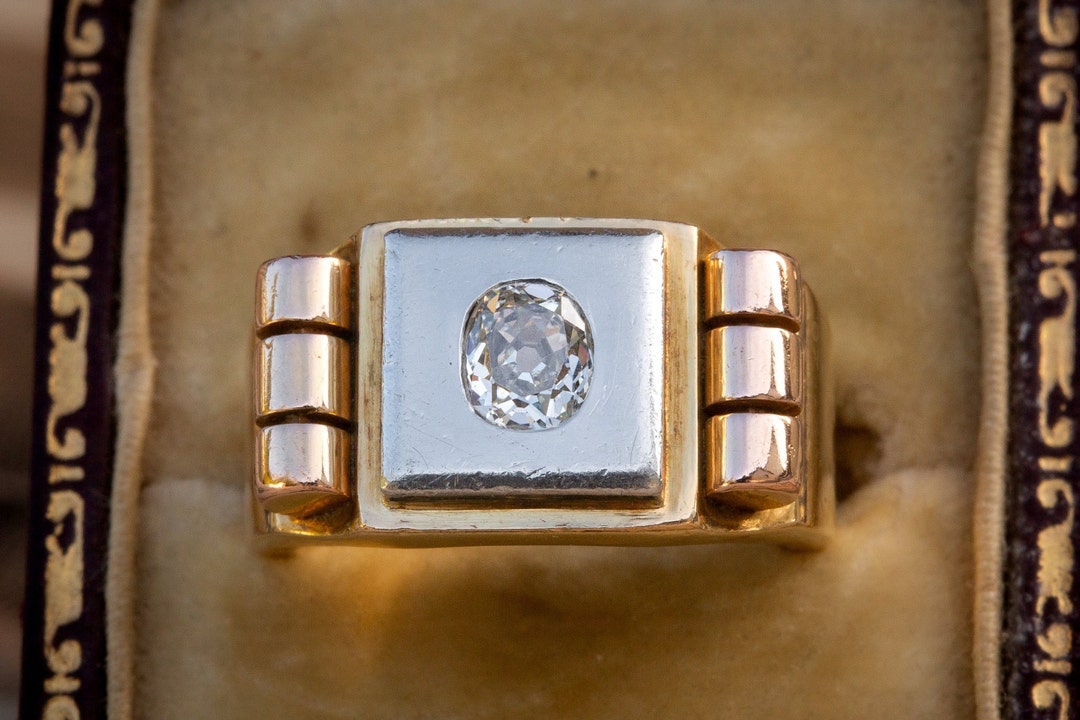 Bague Chevalière Ancienne En Or 18k Avec Diamant - France (taille 62, Occasion)