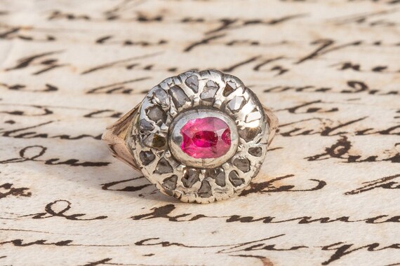 Antique Gold Ruby and Diamond Ring Italian Georgi… - image 2