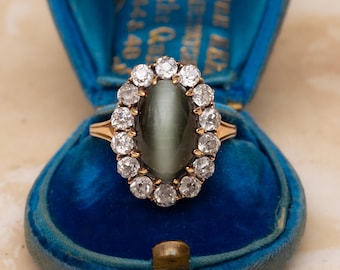 Victorian Cat’s Eye Chrysoberyl and Diamond Antique Gold Cluster Ring (C.1890)