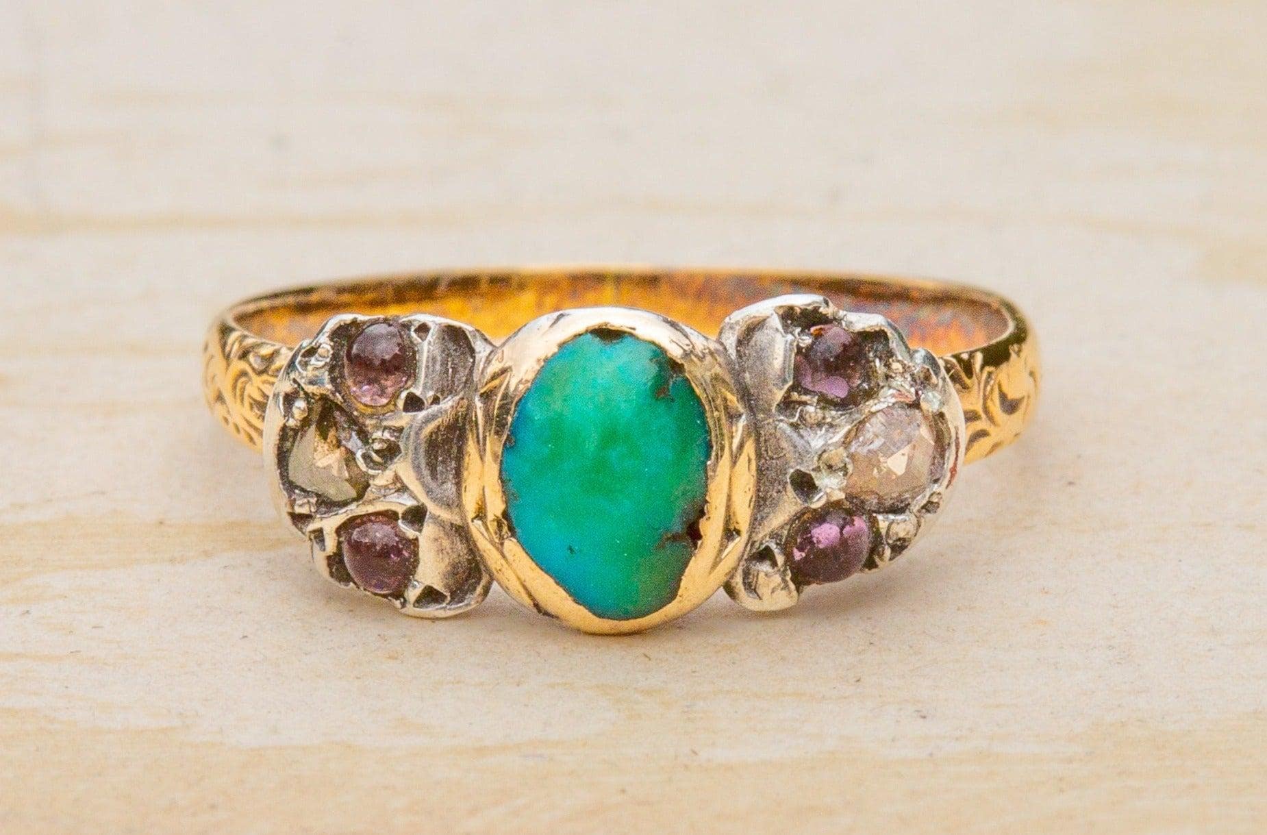 Antique Gold Cluster Ring Italian Baroque Period Turquoise Bow 
