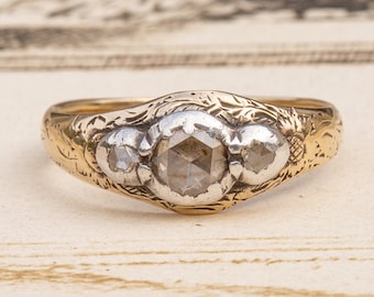 Antieke 19e eeuwse Rose Cut Diamond Three-Stone Trilogy Ring 14K Gold Georgian Victoriaans