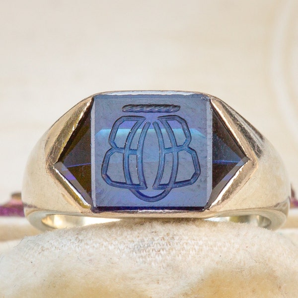 Antique French Art Deco 18K White Gold Sapphire Intaglio Seal Ring Gents Ladies Pinky Seal Ring Vintage 1930's