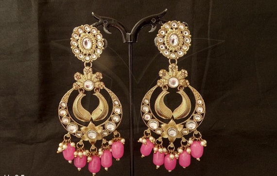 Antique Long Earring With Mehndi Mehndi Color Stones Big