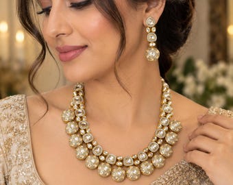 Indian Kundan Necklace Set with Matching Earrings, White Stone Gold Tone Statement Jewelry, Bridal Wedding Jewelry, Traditional Ethnic Jewel