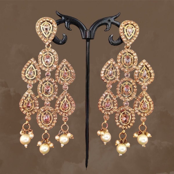 Gold plated lightweight antique earrings. Mehndi color stones Big earrings. Indian big chandelier earrings. Antique big earrings designs.