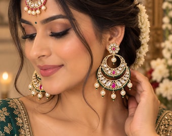 Pendientes Kundan Chandbali llamativos, conjunto de Maang Tikka / Joyería nupcial india rosa y verde, joyería de boda con perlas colgantes / Estilo Bollywood