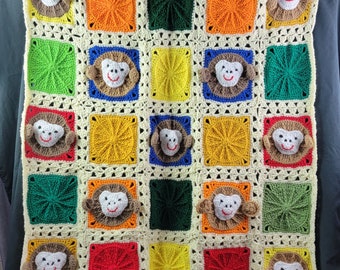 Crocheted Monkey Granny Square Baby Blanket: Nursery Decor