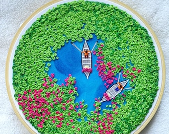 Lotus pickers at Loktak Lake aerial embroidery hoopart