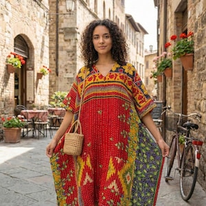 Handmade Kantha Kimono Jacket, Upcycled Cotton Saree, Boho Floral Coat