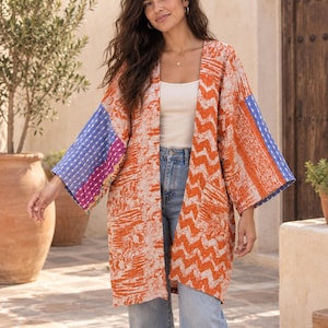 Women's Vintage Kantha Jacket, Handmade Cotton Quilted Kimono Robe, Bohemian Festival Outerwear, Artisan Layer with Pockets