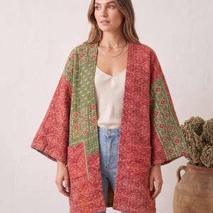 Vintage Kantha Kimono Jacket with Pockets, Reversible Cotton Kimono, Handmade Boho Duster Coat, Bohemian Outerwear